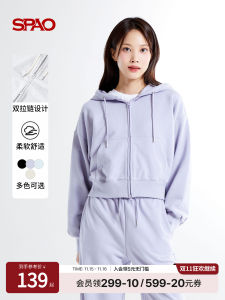 SPAO Autumn Ladies Short Thin Fleece Casual Sports Hoodie Jacket Drawstring Top Korean Style Long Sleeve Zipper Pure Color