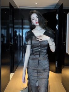 ZYHT Đầm Nước pháp thanh lịch tay áo phồng màu đen Mảnh mai đầm đuôi cá 20571