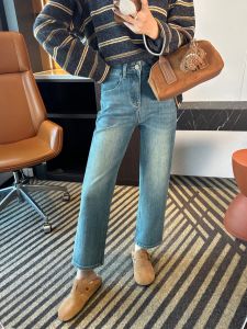 High Waist Straight Leg High Elasticity Womens Jeans Casual Style Zipper Closure Standard Fit Blue Denim Ladies Fashion