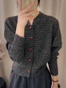 QINGNAER | Vintage Retro Style Grey Texture V-Neck Knitted Cardigan for Large Size