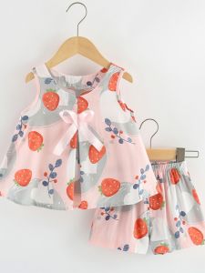 Summer Thin Cotton Silk Childrens Sleepwear Vest Princess Home Clothes Set for Girls Baby Home Comfortable Breathable Clothes