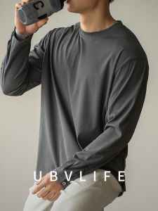 UBV | Stripe Texture Drapey Shirt-Sleeve Round-Neck Long-Sleeve T-Shirt
