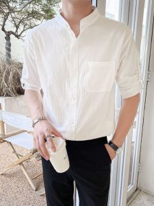 Summer Mens Stand Collar Linen Five Sleeve Casual Shirt Short Sleeve Breathable Lightweight Comfortable Fashionable Top