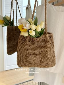 Casual Straw Tote Bag with Double Root Shoulder Strap Large Capacity Ins Style Korean Retro Weaving Bag for Daily Matching