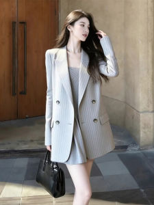 XUECAIQI | Elegant Casual Gray Striped Ladies Suit Dress