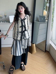 Girls Summer Embroidered Vest Set Midi Skirt Three-piece Trendy Fashionable Mid-to-Older Childrens Clothing Ensemble