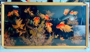 ( Tặng kèm khung) Tranh sơn mài - QUẦN NGƯ HỘI TỤ - Size 80x160 cm / Ý Nghĩa - Phong Thủy