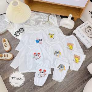 Dài chéo Hồng 1 sét 5 bộ quần áo dài tay thun cotton cho bé sơ sinh đến 7 ký