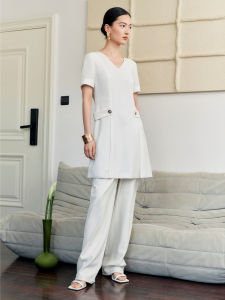 Juzi Ouliana Short Sleeve Black Dress Womens Summer New Waist Cinching Slimming Pleated Midi Dress Simple Commute Style Pure Color