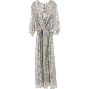 Miccbeirn | Elegant V-neck High-waist Silk Long Dress Fairy-like Mulberry Silk Summer Dress Bubble Sleeve A-line Gown Printed Bright Thread