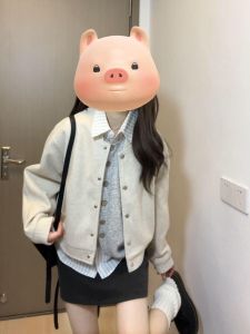 Áo Khoác Ngắn Thời Trang Nữ Phong Cách Hàn Quốc Mùa Thu Đông Thường Ngày Áo Khoác Bóng Chày Cỡ Nhỏ Áo Khoác Ngoài Cổ Tròn Dài Tay