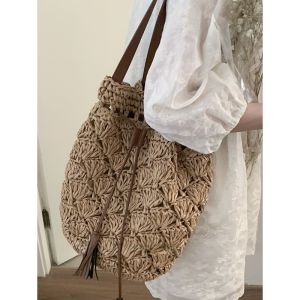 Trendy Ethnic Style Womens Straw Woven Bucket Bag Large Capacity Crossbody Bag Simple Fashionable Summer Handbag