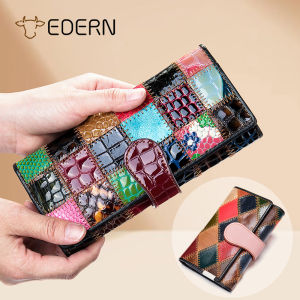 EDERN Genuine Leather Womens Wallet Retro Patchwork Clutch Bags for Women Ladies Coin Purse Long Wallet Phone Wallets