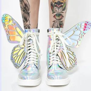 ปีกผีเสื้อรองเท้าผู้หญิงรองเท้าผ้าใบทรงหุ้มข้อส้นแบนหนังเงาวาวรองเท้าบูทหุ้มข้อข้อข้อข้อสูงรองเท้ายกพื้นเวลาว่างnew