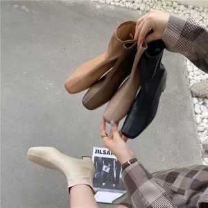 Ankle Boots Women Spring and Autumn Single Boots 2024 New Square Toe Chunky Heel Ankle Boots All-Match Martin Boots Soft Leather Stretch Boots Thin Boots