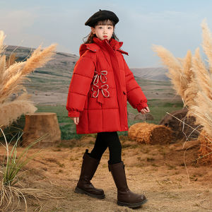 Girls Winter Padded Cotton Jacket Thickened Hooded Red down Cotton Clothes Princess Style Coat for New Year Kids Fashionable Outfit