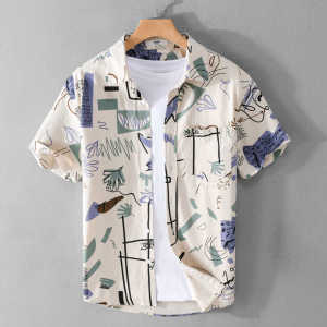 Loose Mens Summer Casual Short Sleeve Shirt Vintage Five-Quarter Sleeve Outerwear Youth Trendy Thin Fabric Flip-Collar Other