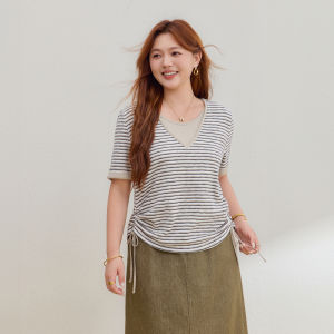 QLX | Fake Two-Piece Stripe Knitwear Waist-Tie V-Neck Plus-Size Top