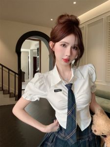 GUZILIAN | Summer College Style JK Uniform Sweet Short Sleeve Shirt With Tie High Waist Pleated Mini Skirt Two Piece Set For Women