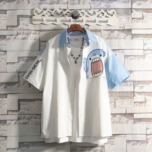 Áo Sơ Mi Nam Tay Dài Màu Trắng Mùa Xuân 2024 Mới Áo Khoác Ngoài Phong Cách Nhật Bản Hoạt Hình Mèo Tay Ngắn Áo Sơ Mi Trẻ Trung