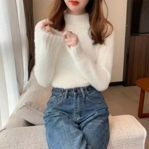 Half Turtleneck Mink Sweater Womens Short Thickened Fleece-lined Thermal Bottoming Shirt Plush Soft Glutinous Mohair Tops