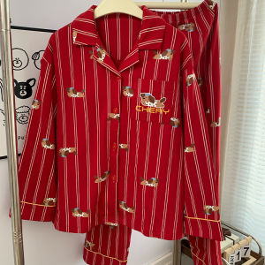 New Couple Red Cotton Pajamas Long Sleeve Spring Autumn Home Clothes Gift for Honeymooners Cartoon Print Comfortable Sleepwear