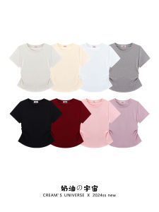 Creamy Universe Womens Slim Fit Short Sleeve T-Shirt Shoulder Length V-Neck Pure Color Summer Top Korean Style Commute