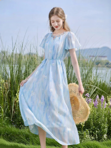 XIANGYING | Blue Dyeing Short Sleeved French Floral Embroidered Chiffon Dress