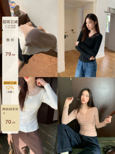 Slim Fit V-Neck Base Shirt with Chest Pad Elastic T-Shirt Casual Style Long Sleeve Polyester Spandex Blend Winter Wear for Women