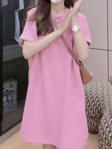 Laid-back Pink Short Sleeve Dress Womens Loose T-shirt Mid-length Design Sensation Small Audience Summer New Arrival