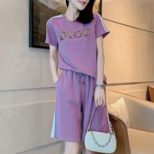 Fashionable Sporty Womens Short Sleeve Five-Point Cotton Set round Neck Two-Piece Suit Korean Style Summer New Arrival