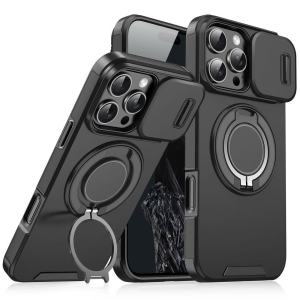 Sliding Camera Lens Protection Armor Phone Case For iPhone 17 16 Pro Max 360° Rotate Ring Holder Kickstand Shockproof Back Cover
