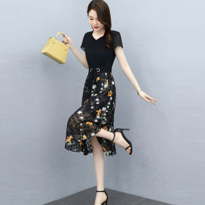 Floral Print Chiffon Dress Womens Summer Slimming Waist Design Korean Style V-Neck Mid-Sleeve A-Line Midi Dress