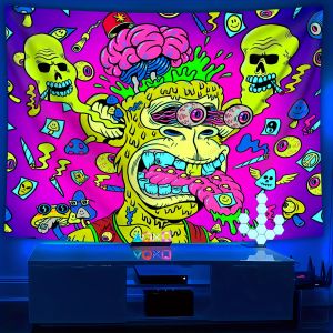 VIKAMA Whimsical Cartoon Tapestry Brain Skull Smiley Pattern Unique Bedroom Decor for Trendy Bars & Gaming Rooms