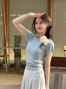 Blue Knitted Short Sleeve T-Shirt Womens Summer Design Backless Belted Slim High Waist Top Hot Girl round Neck Pullover
