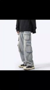 ยีนส์ผู้ชาย กระเป๋าหลายช่อง กางเกงใส่ทำงาน แนวโน้ม สไตล์ไฮสตรีท ฮิพฮอพ ไม่เป็นทางการ ทนต่อการสึกหรอ ใช้งานได้หลากหลาย ขากว้าง กางเกงขาตรง Oversize