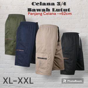 Paket 3 Pcs - Celana 3/4 Bawah Lutut Cargo Resleting Twill Drill Tebal Lembut Nyaman Polos Santai Low Waist Longgar Jumbo Celana Pendek Pria Dewasa Casual
