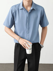 Business Casual Slim Fit Short Sleeve Striped Shirt Mens Thin Drapey No Ironing High End Drapey Casual Half Sleeve Shirt