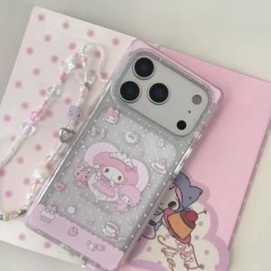 Sanrio | Cute Square Heart Melody Translucent Phone Case For iphone 17 16 15 ProMax Four Corner Anti Collision Bumper Cover With Chain