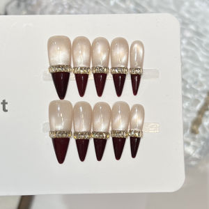 10pcs Champagne French Nails with Glass Beads Cat Eye Rhinestones Handmade Fake Nails for Wedding Party Formal Events