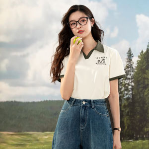 Casual American Style Vacation T-Shirt Womens Lagogo Summer New Color Collision Collar Fun Print Top Cotton Polyester Blend