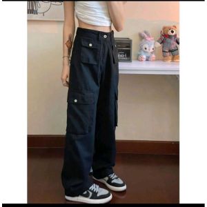 Celana Cargo Denim Pasir Putih Highwaist Loose Celana Jeans Wanita Korea (realpict)