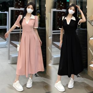 ชุดเดรส POLO สไตล์เกาหลี ทรงเอเข้ารูป กระโปรงยาวคลุมเข่า เอวสูง แขนสั้น ผ้าฝ้าย ทรงปกติ ฤดูร้อน สำหรับผู้หญิงไซส์ใหญ่