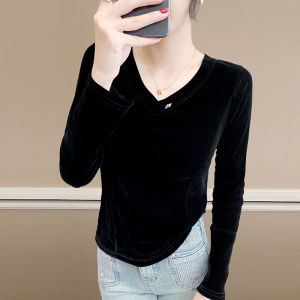 REHIN European Style V-Neck Flocked Lace Long Sleeve T-shirt Autumn Slim Fit Elegant Blouse (S-3XL)