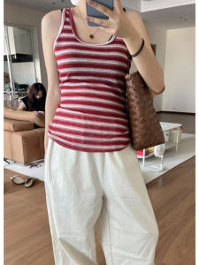 YUEZHONGWEI | Red Striped Ice Silk Linen Knitted Strap Vest Women Summer Outdoor Wear Slimming Short Sleeveless Top U-Neck Splice Style