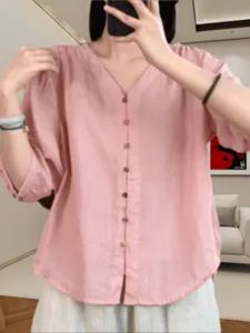 เสื้อเชิ้ตผ้าลินินคอวีแขนปานกลางทรงหลวมสำหรับผู้หญิงในช่วงฤดูร้อน สไตล์วินเทจ เสื้อเชิ้ตแขนยาวแบบลำลองที่สวมใส่ได้หลากหลาย