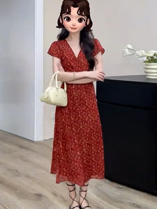 Homecore | Elegant Red V-Neck Floral Print Summer Dress