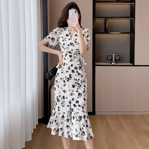 Impression Fashion Store Women Elegant V-neck Floral Short Sleeve High Waist A-line Mini Dress or Bodycon Midi Dress