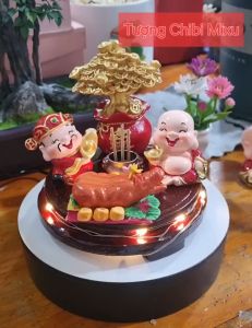 Combo Thần Tài Thổ Địa  (gồm 2 tượng 4cm + cây tiền + lư + heo bánh bao bột đá + đế 10cm) tặng kèm 10 nhang