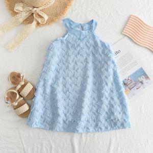 Summer Blue Sweet Lovely 4-7Years Girls Casual Clothes Korean Version Fashion Sleeveless Tassels Decoration Princess Dress